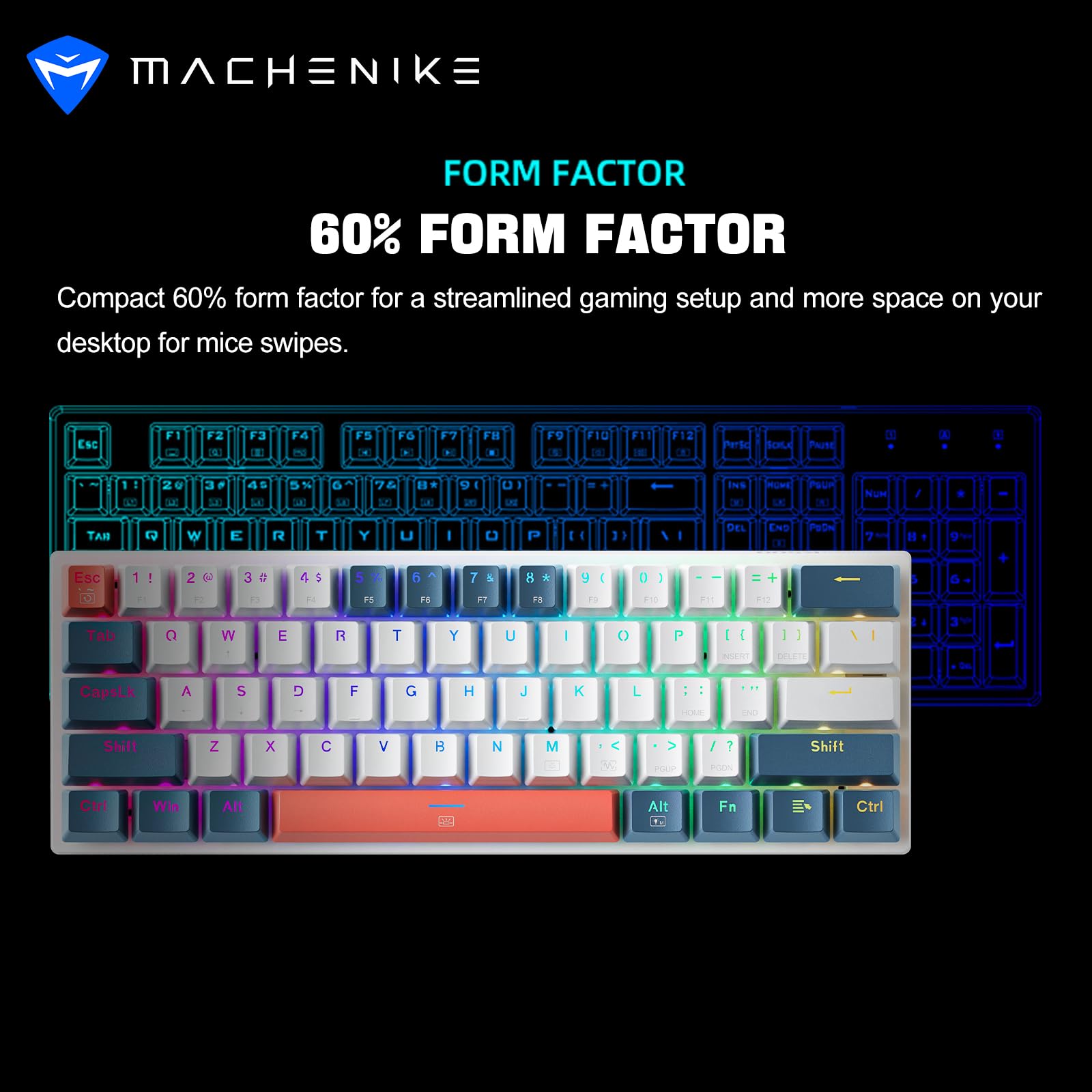 MACHENIKE Teclado para jogos, interruptor vermelho, 61 teclas